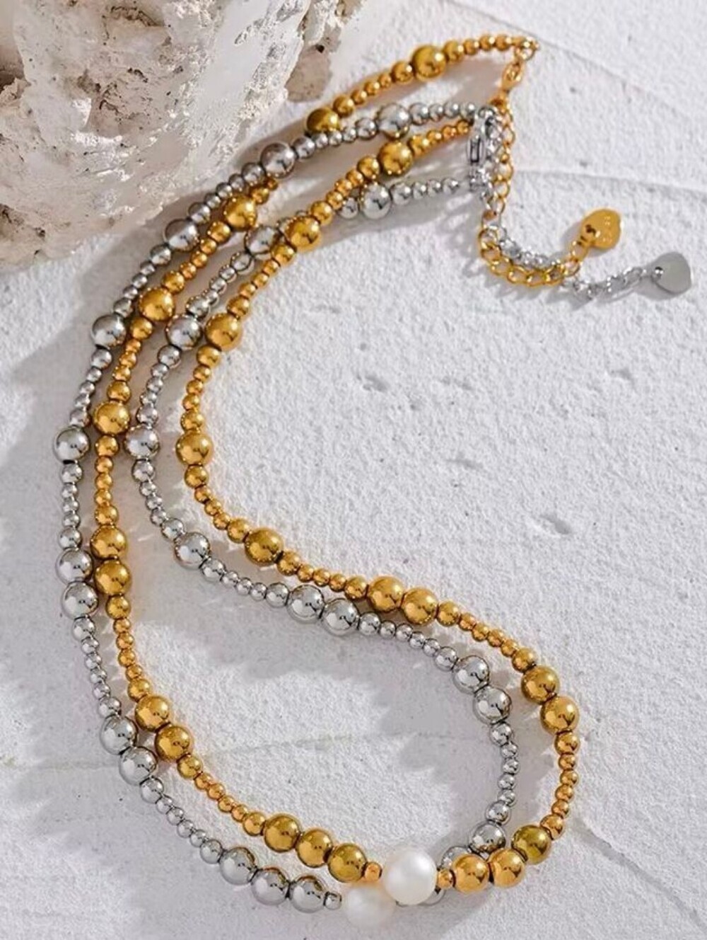 Silver color Beaded Necklace with Pearl Accent - Picture 8 of 8
